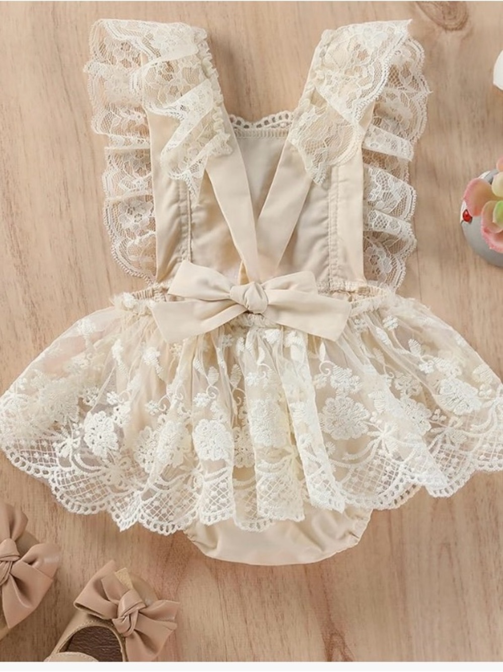 Beige Lace Bow Baby Romper - Kids Accessories